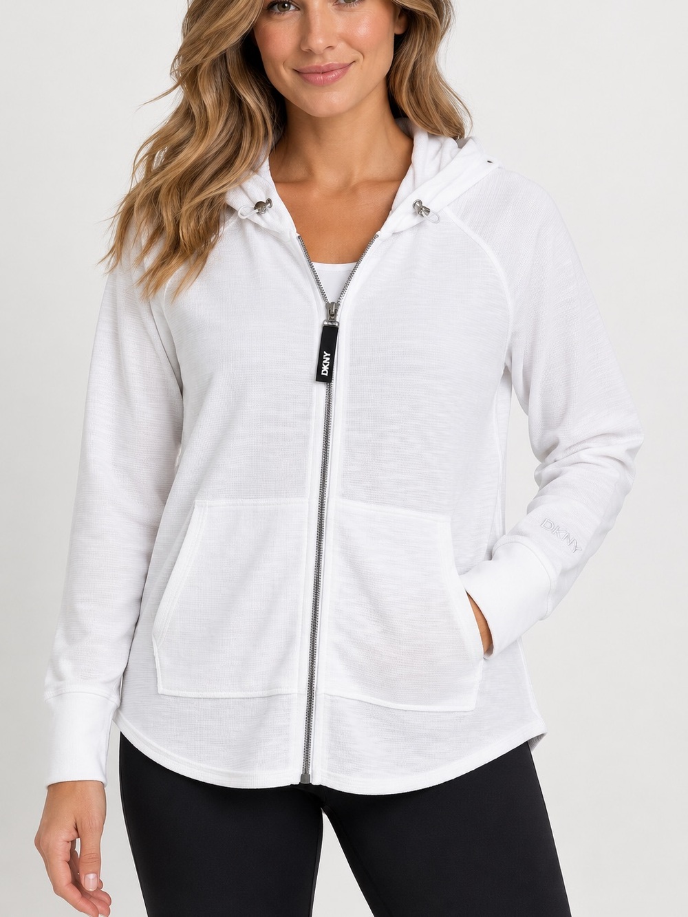 DKNY Sport Women’s White Full Zip Hooded top shirt Size Large lightweight
